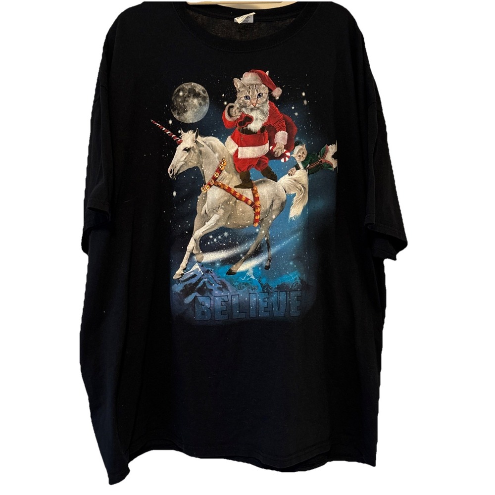 Men's 3X Funny Ugly‎ Christmas Shirt Party Santa Cat Elf Riding Unicorn Believe